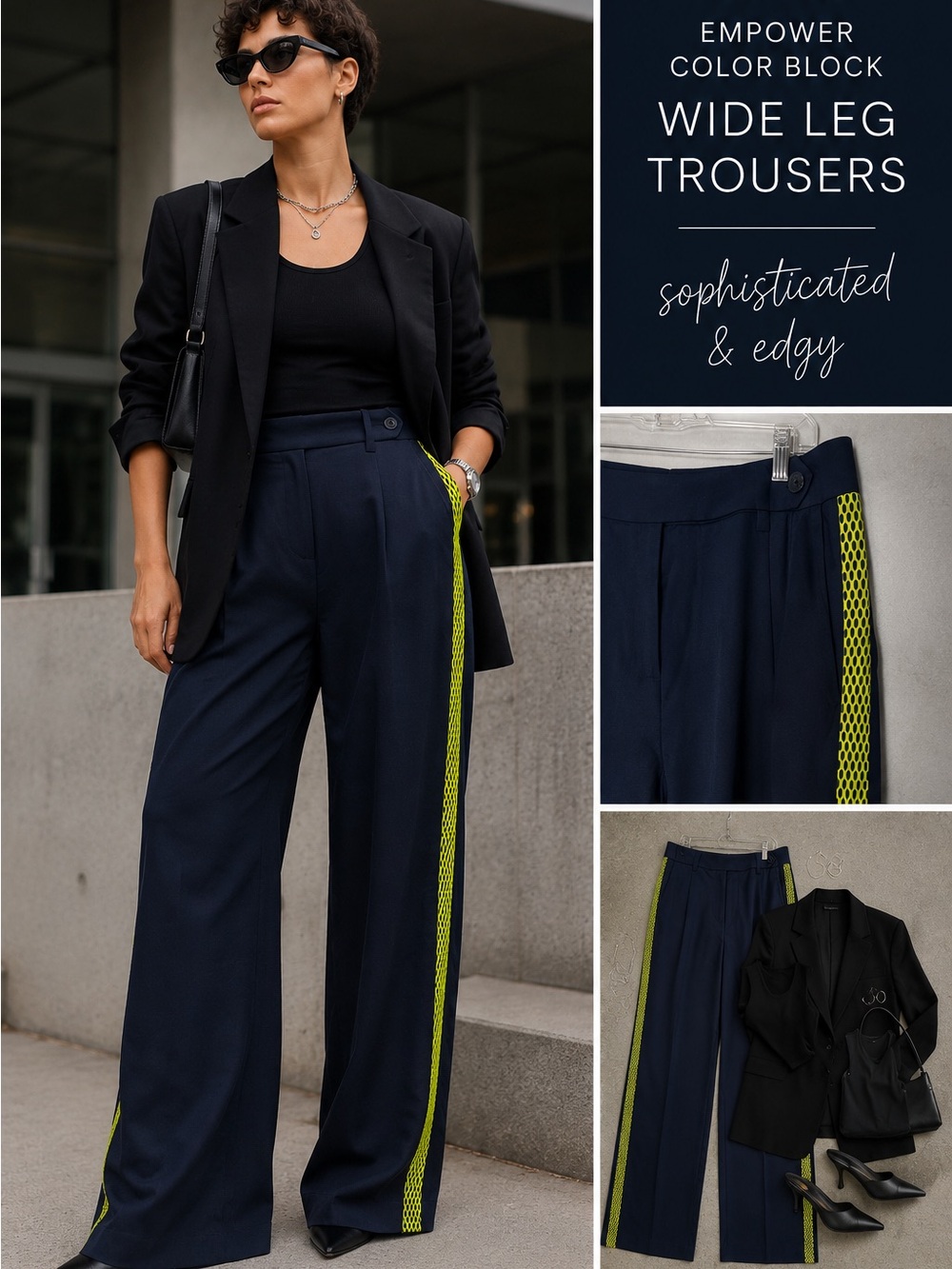 Wildfang Navy Wide-Leg Trousers with Neon Green Side Stripe